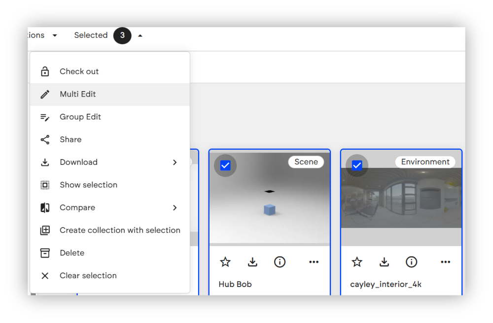 Context menu; multi edit in KeyShot Hub
